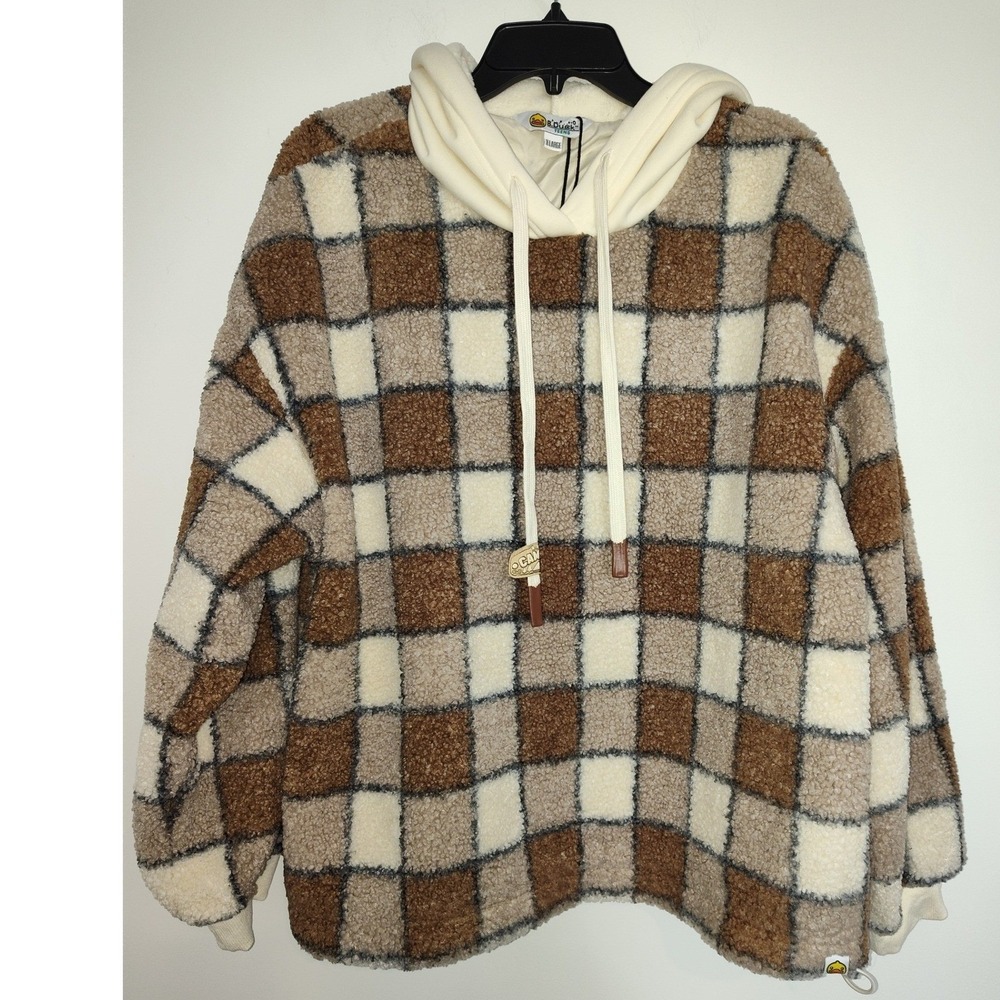 B.Duck Teens Checkered Sherpa Fleece Hoodie Brown Cream XL NWT